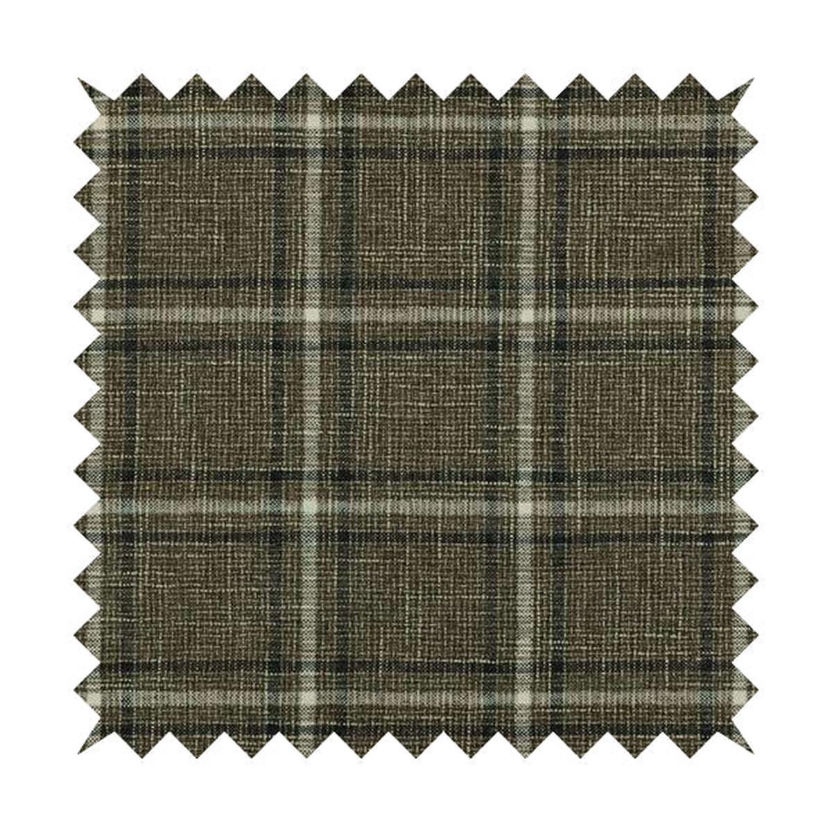 Shaldon Woven Tartan Pattern Upholstery Fabric In Brown Background With White