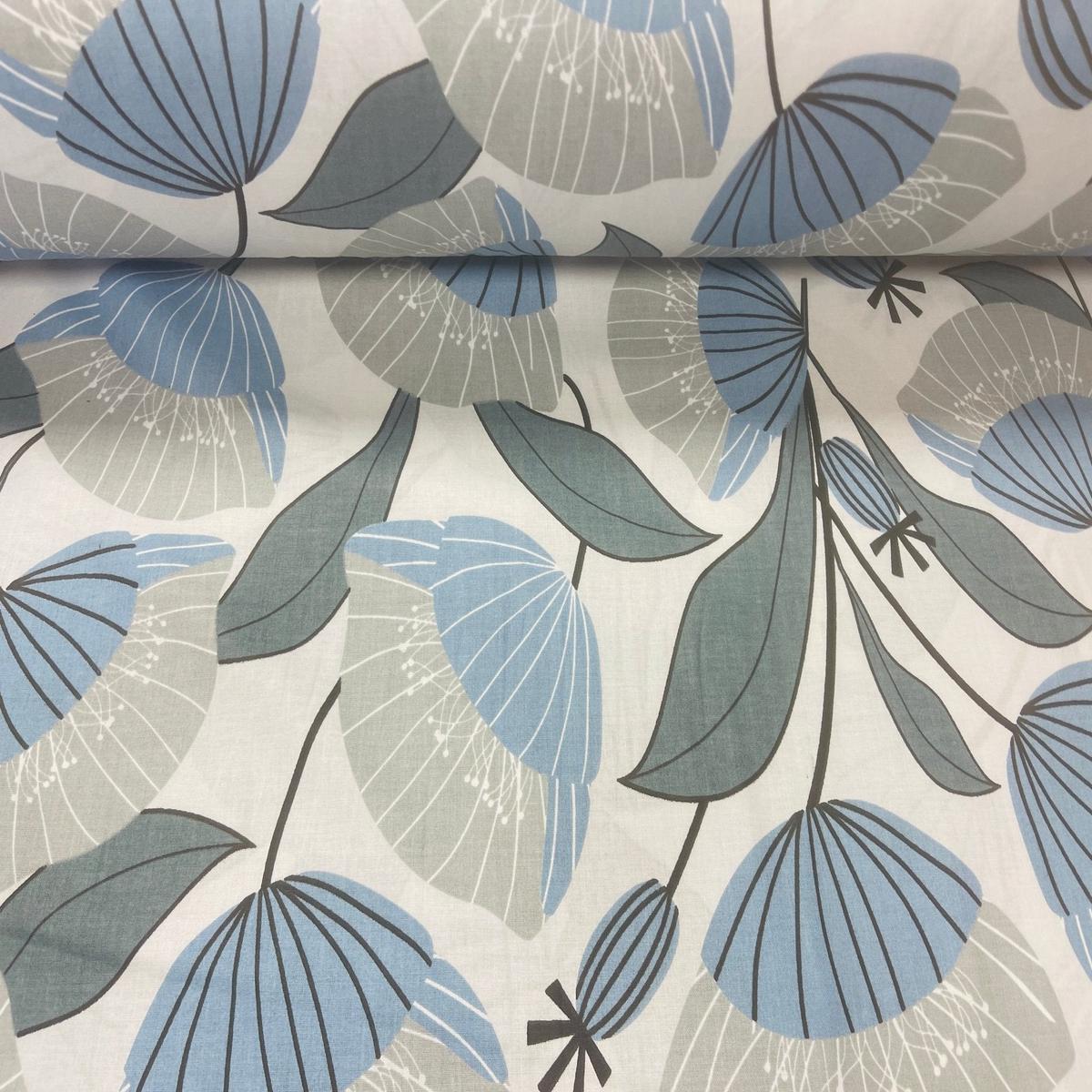 100% Cotton fabric - blue floral pattern on light gray 125 g/m