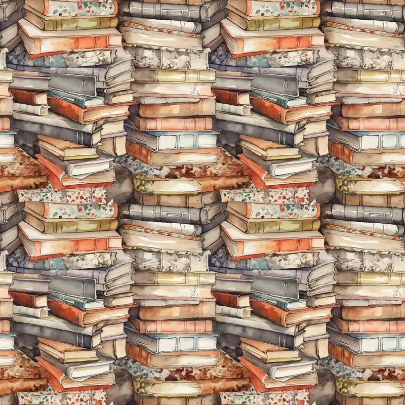 Whimsical Messy Stacked Books #1 Fabric
