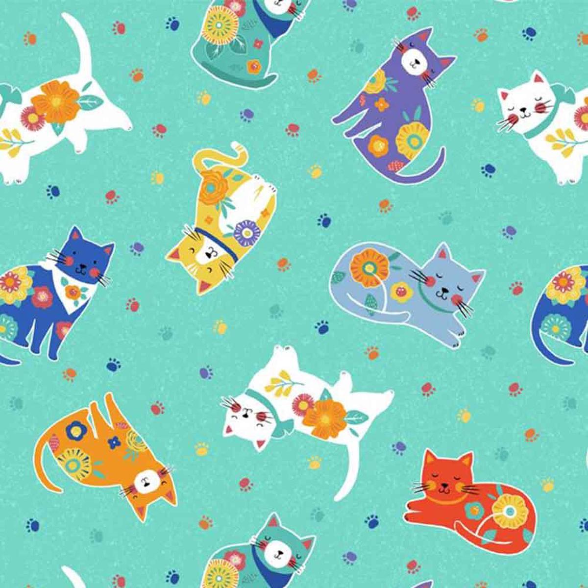 Wilmington Prints - Fe-Line Frisky by Anne Rowan - Cat Toss - Teal - Yardage