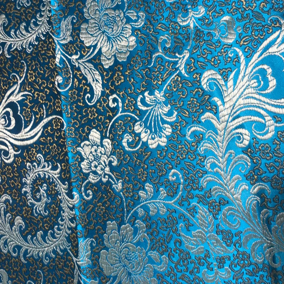 Turquoise & Gold Feather Floral - Faux Silk Brocade Fabric 18