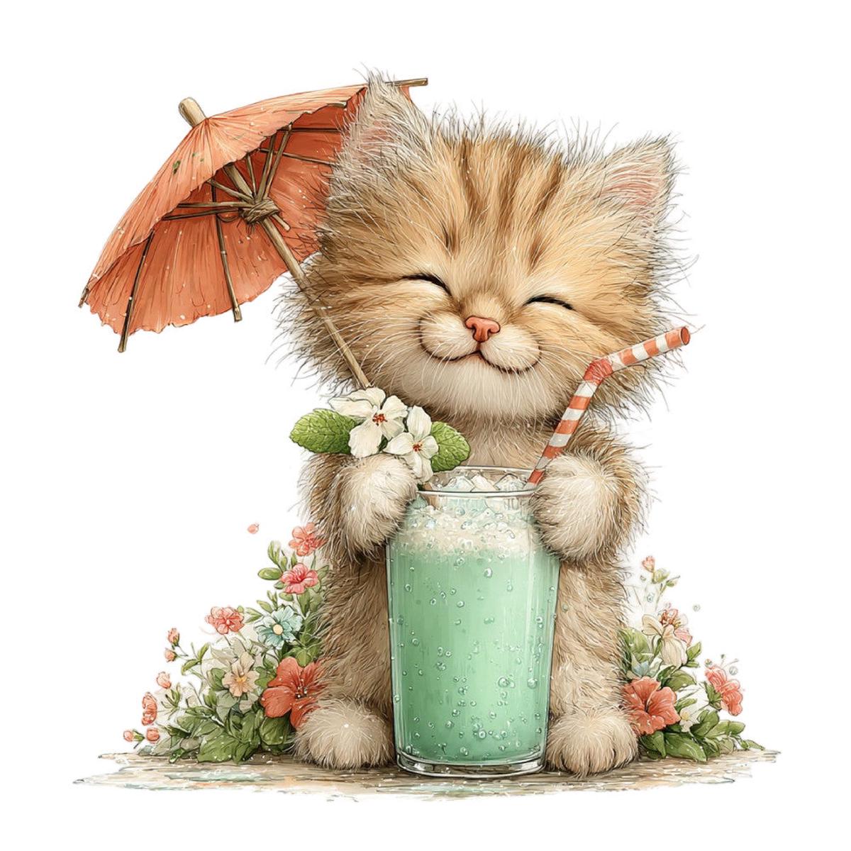 Whimsical Summer Cat Fabric Panel 29