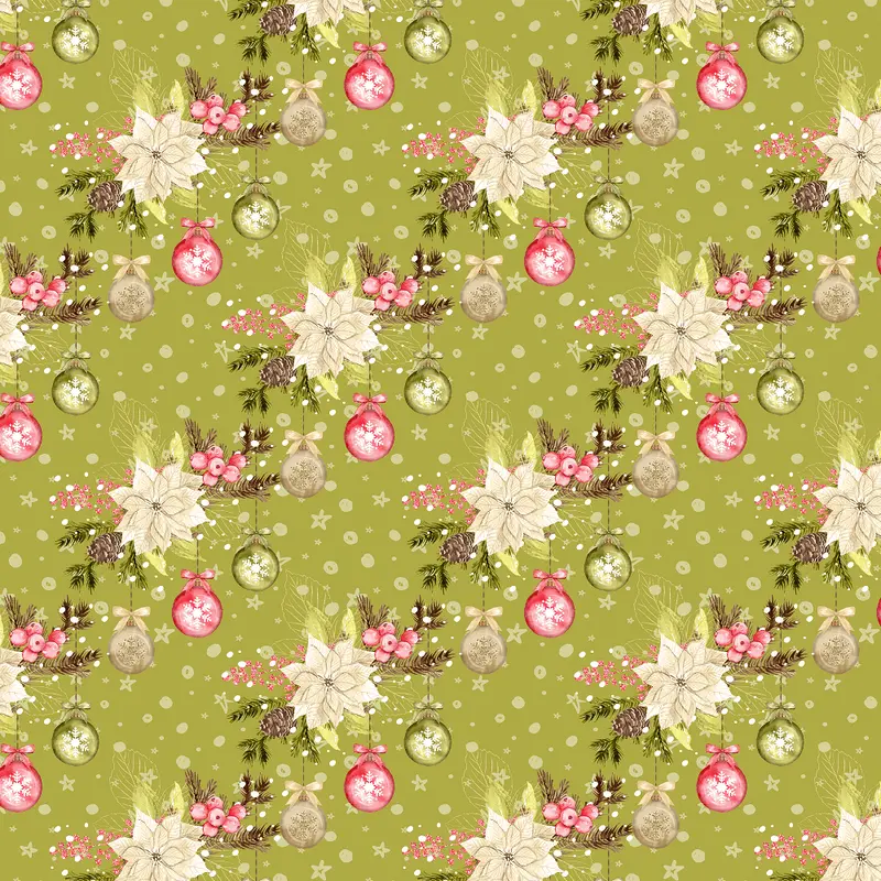 Winter Poinsettias & Ornaments Fabric - Green