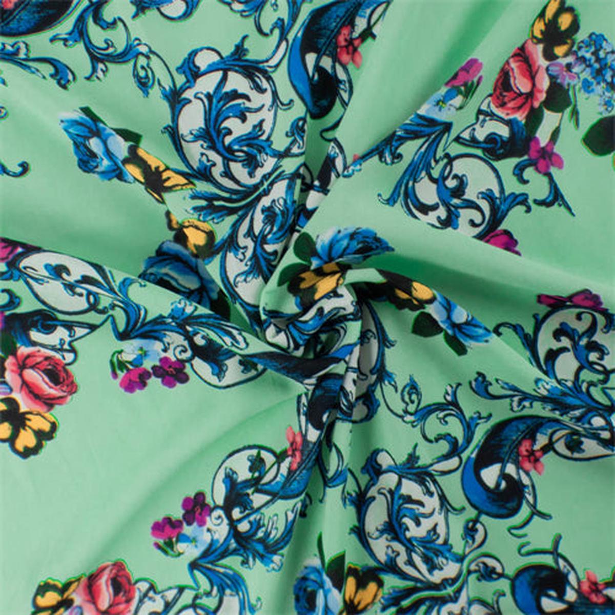3 1/2 YD PC-Mint/Multi Floral Print Georgette Fabric