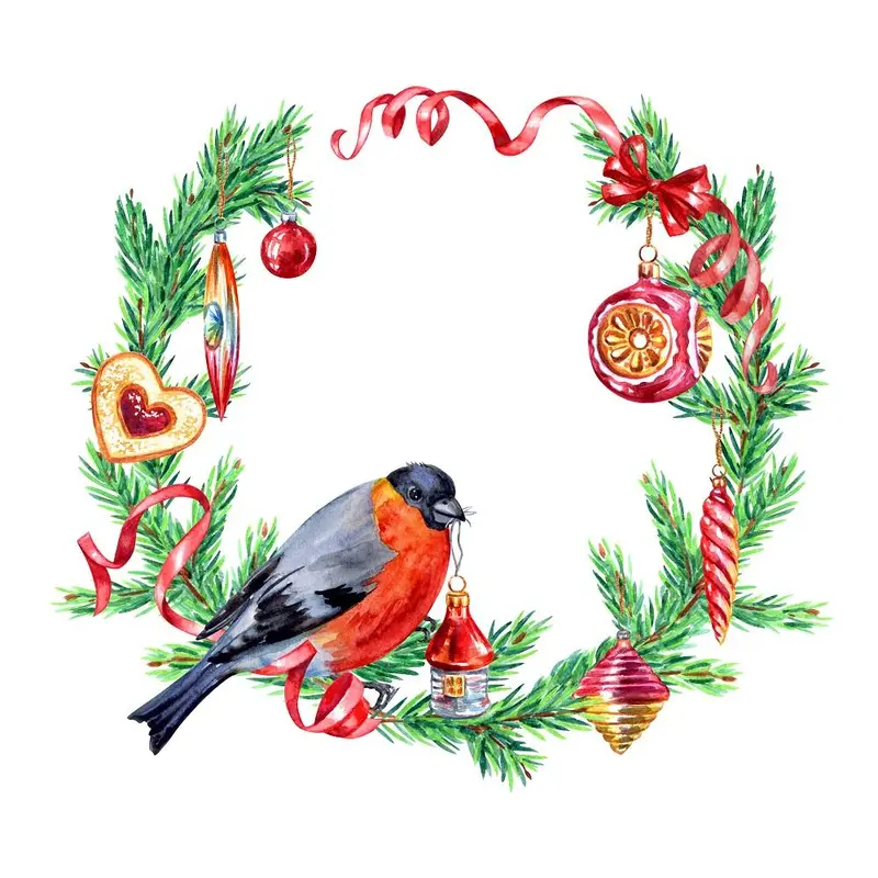 Watercolor Christmas Wreath with Bullfinch - White
