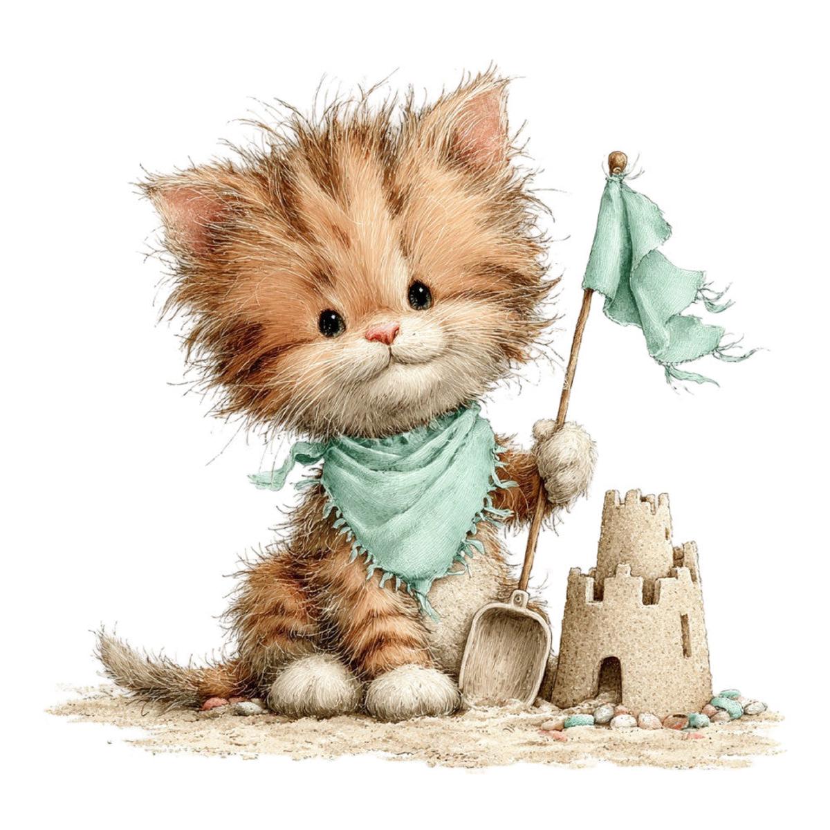 Whimsical Summer Cat Fabric Panel 40