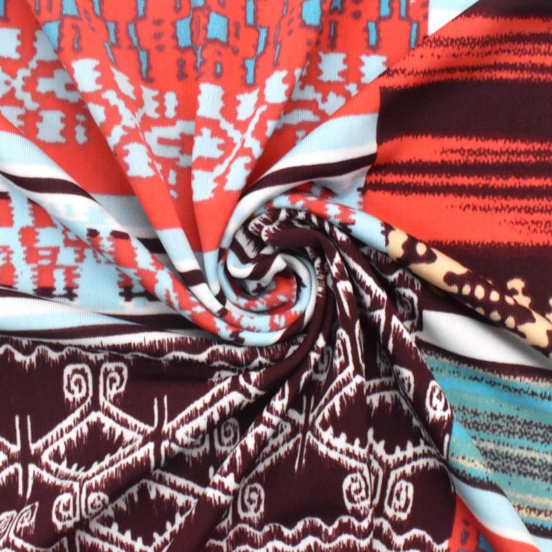 3 5/8 YD PC-Strawberry Red-Multi Stripe Aztec Printed Stretch Activewear Knit Fabric