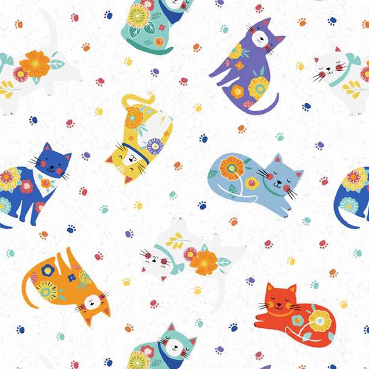 Wilmington Prints - Fe-Line Frisky by Anne Rowan - Cat Toss - White - Yardage