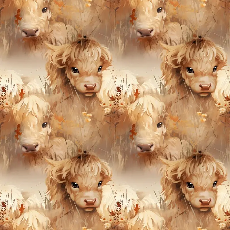 Vintage Highland Cows & Flowers #4 Fabric