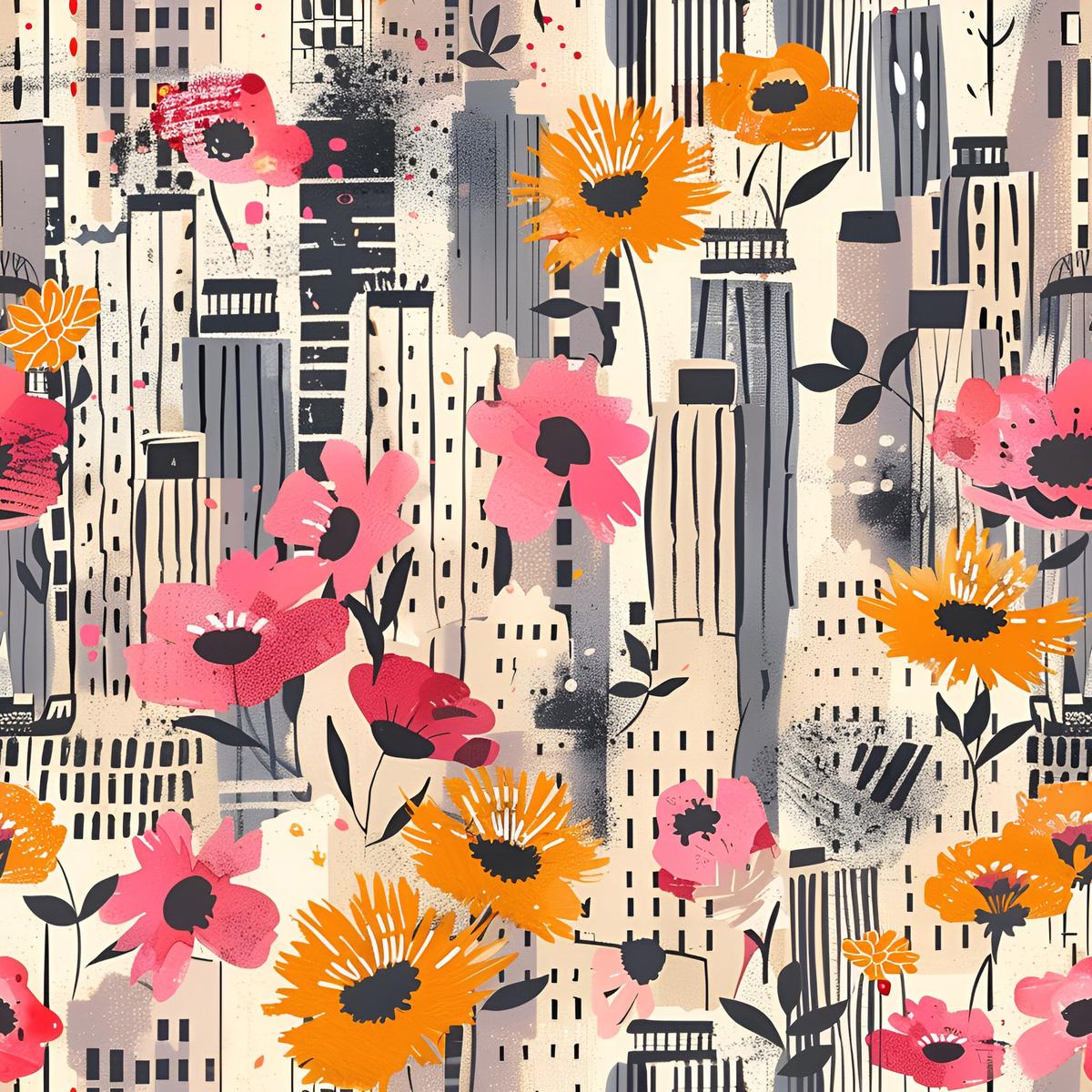 Vintage Cityscape Wildflowers Pattern 2 Quilting Cotton Fabric