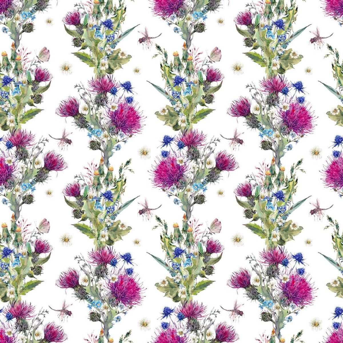 Watercolor Thistles Wildflowers Insects Fabric
