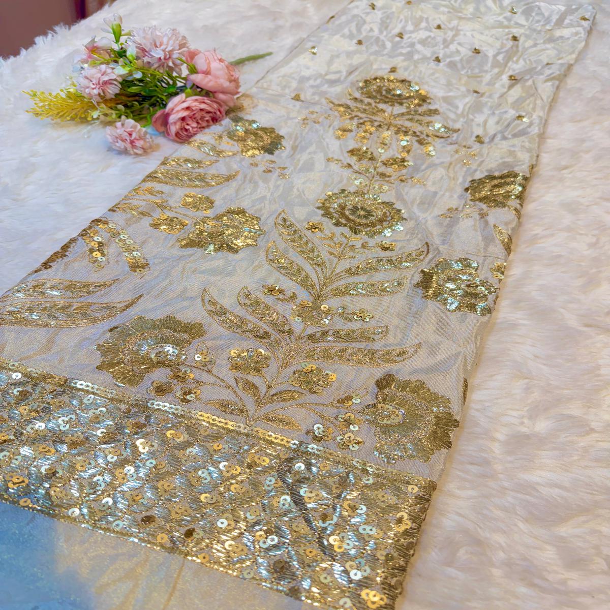 (Precut of 0.95 Meter) Pure Zari Tissue Handwork Embroidery with Sequins and Threadwork 44 Inch width