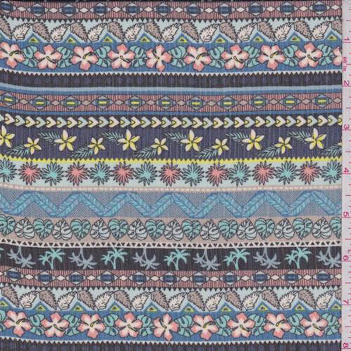 4 1/2 YD PC-Navy Multi Deco Stripe Georgette Fabric