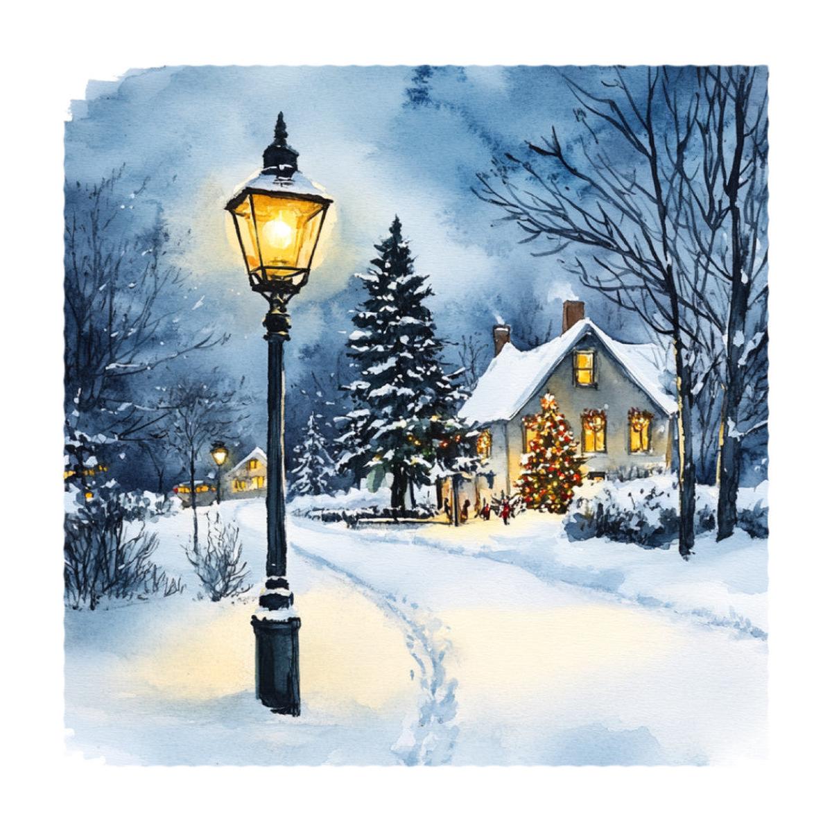 Watercolor Christmas Scene Fabric Panel 24
