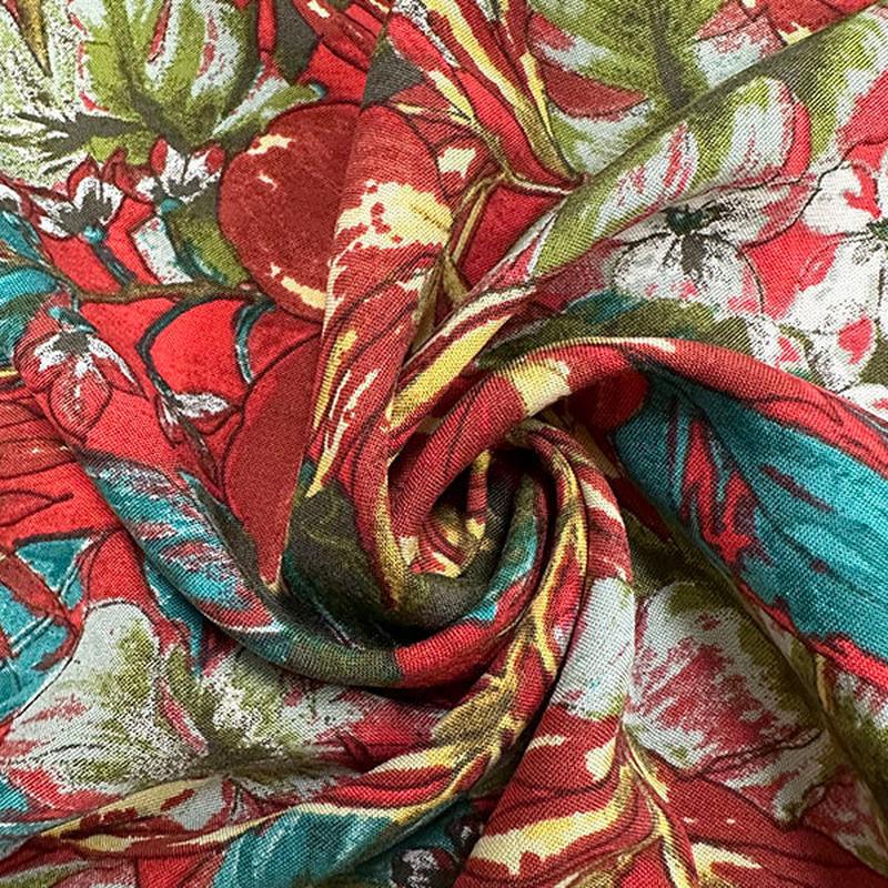 2 1/2 YD PC-Red Multi Palm Print Rayon Challis Fabric