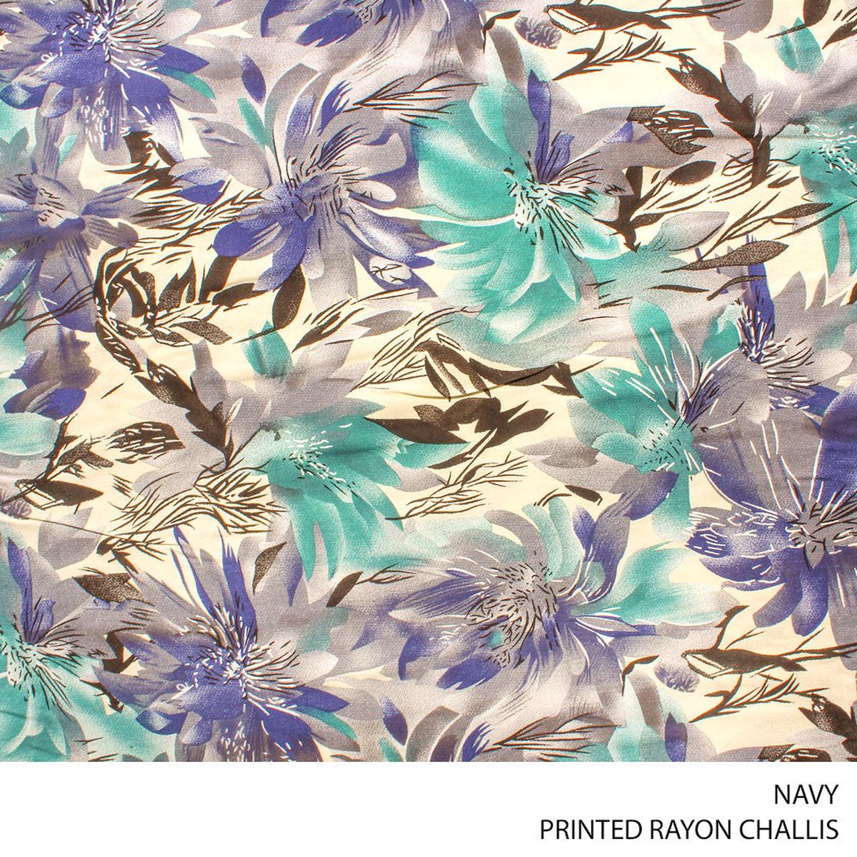 RAYON CHALLIS PRINTED FABRIC 150CM NAVY ROLL ROLL 001