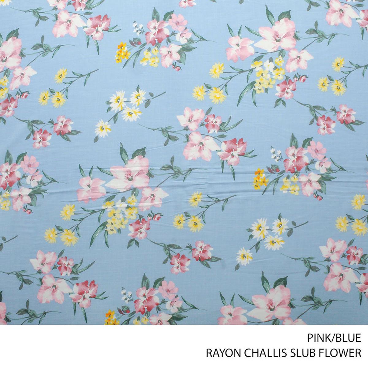 RAYON CHALLIS SLUB FLOWER 140CM PINK/BLUE ROLL ROLL 001
