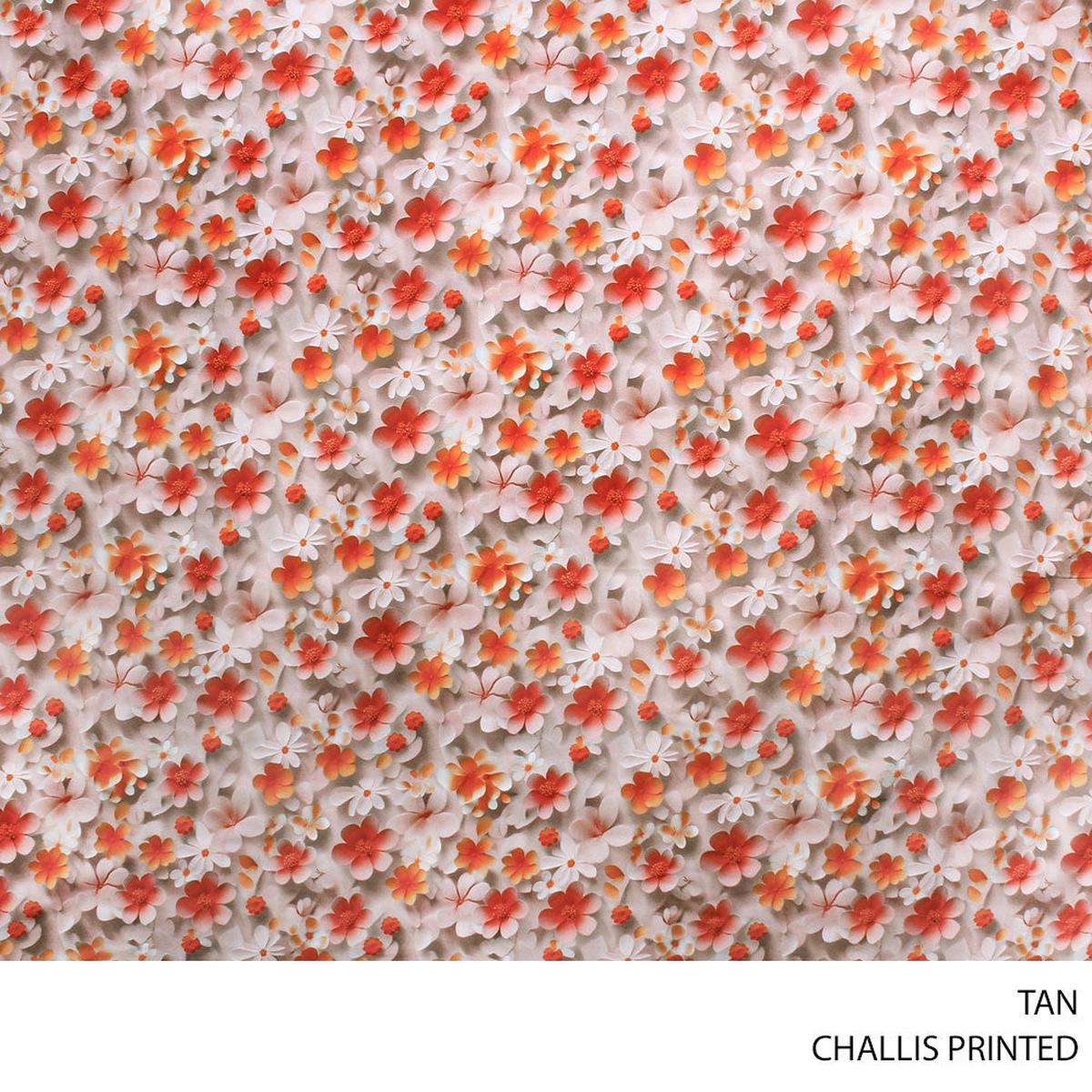 CHALLIS PRINTED FABRIC 140CM TAN ROLL ROLL 001