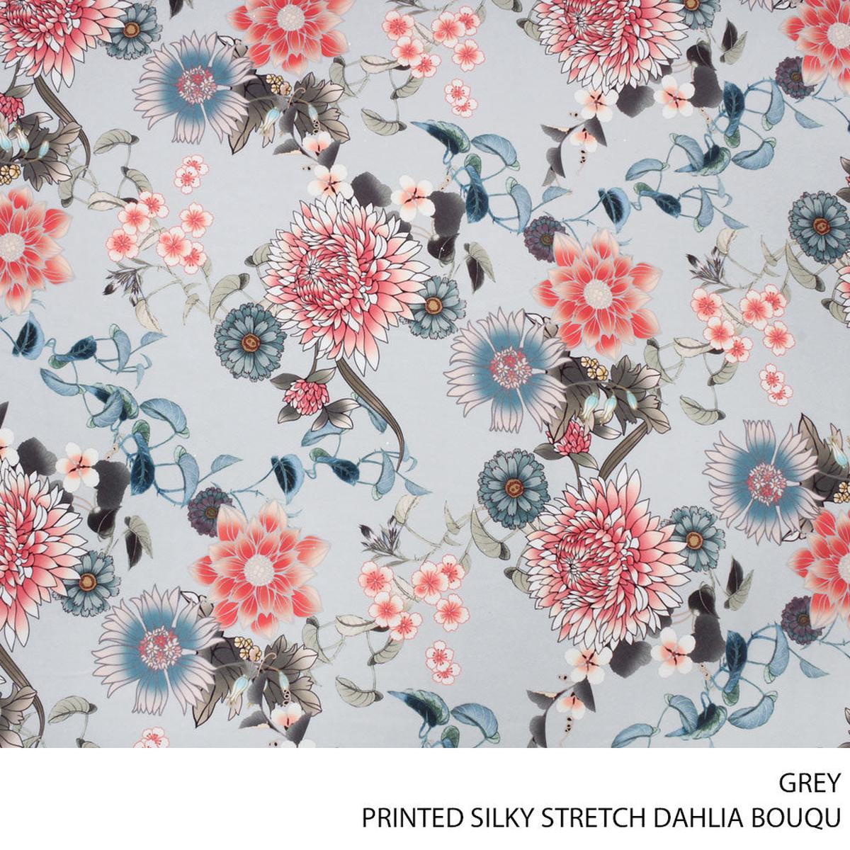 SILKY STRETCH PRT DAHLIA BOUQUET FABRIC GREY ROLL ROLL 001