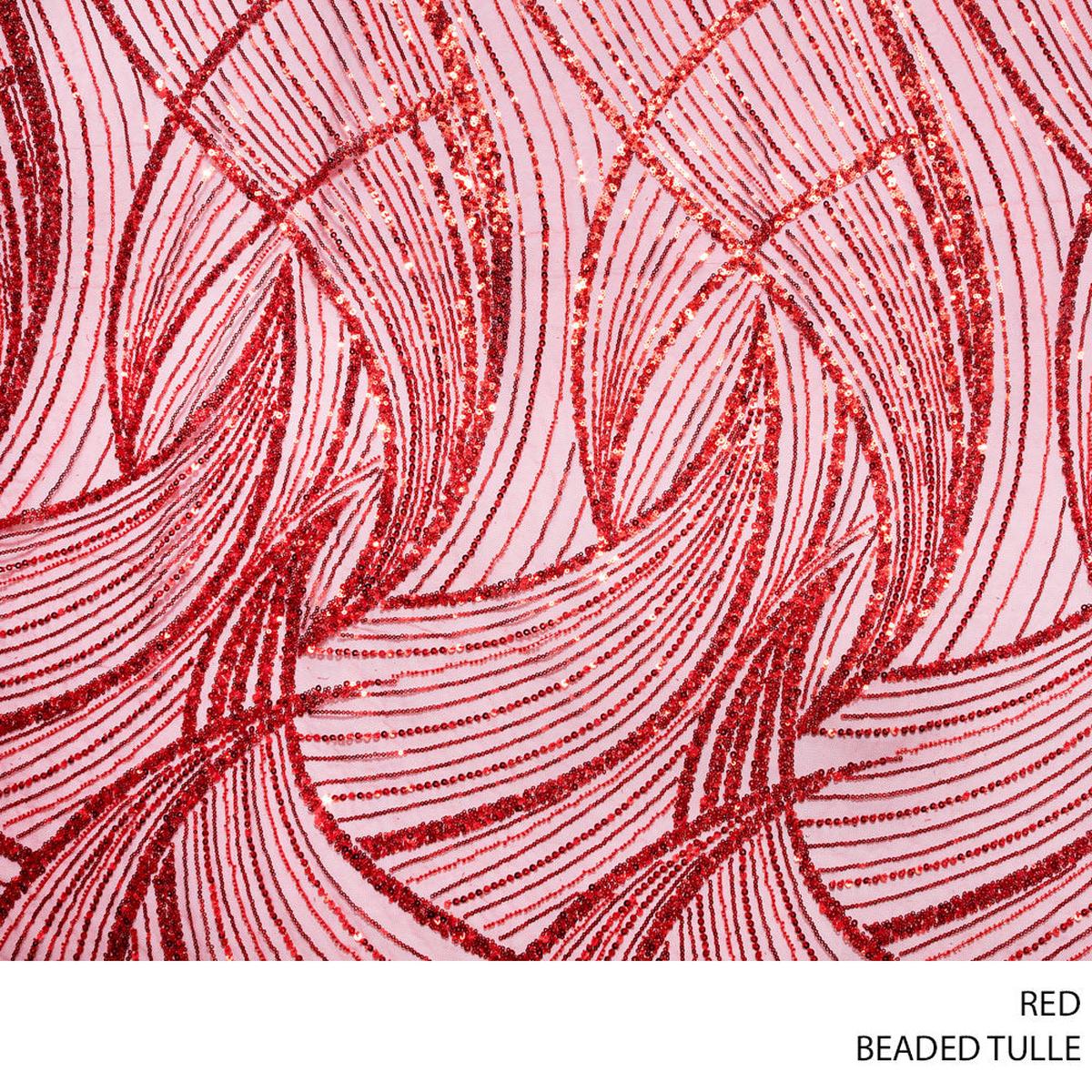 TULLE BEADED FABRIC D#11 130CM RED ROLL ROLL 001
