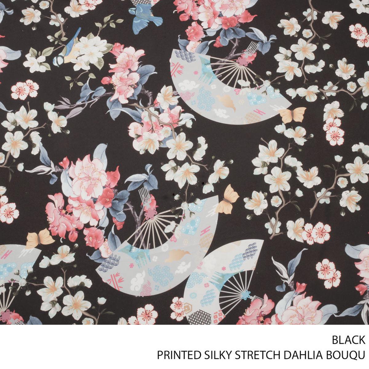 SILKY STRETCH PRT DAHLIA BOUQUET FABRIC BLACK ROLL ROLL 001