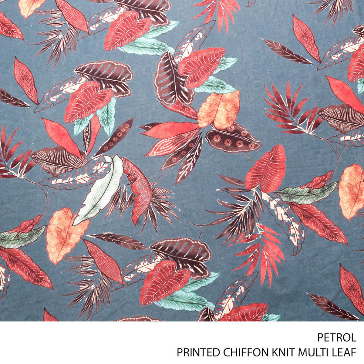 CHIFFON KNIT PRT MULTI LEAF FABRIC PETROL ROLL ROLL 001
