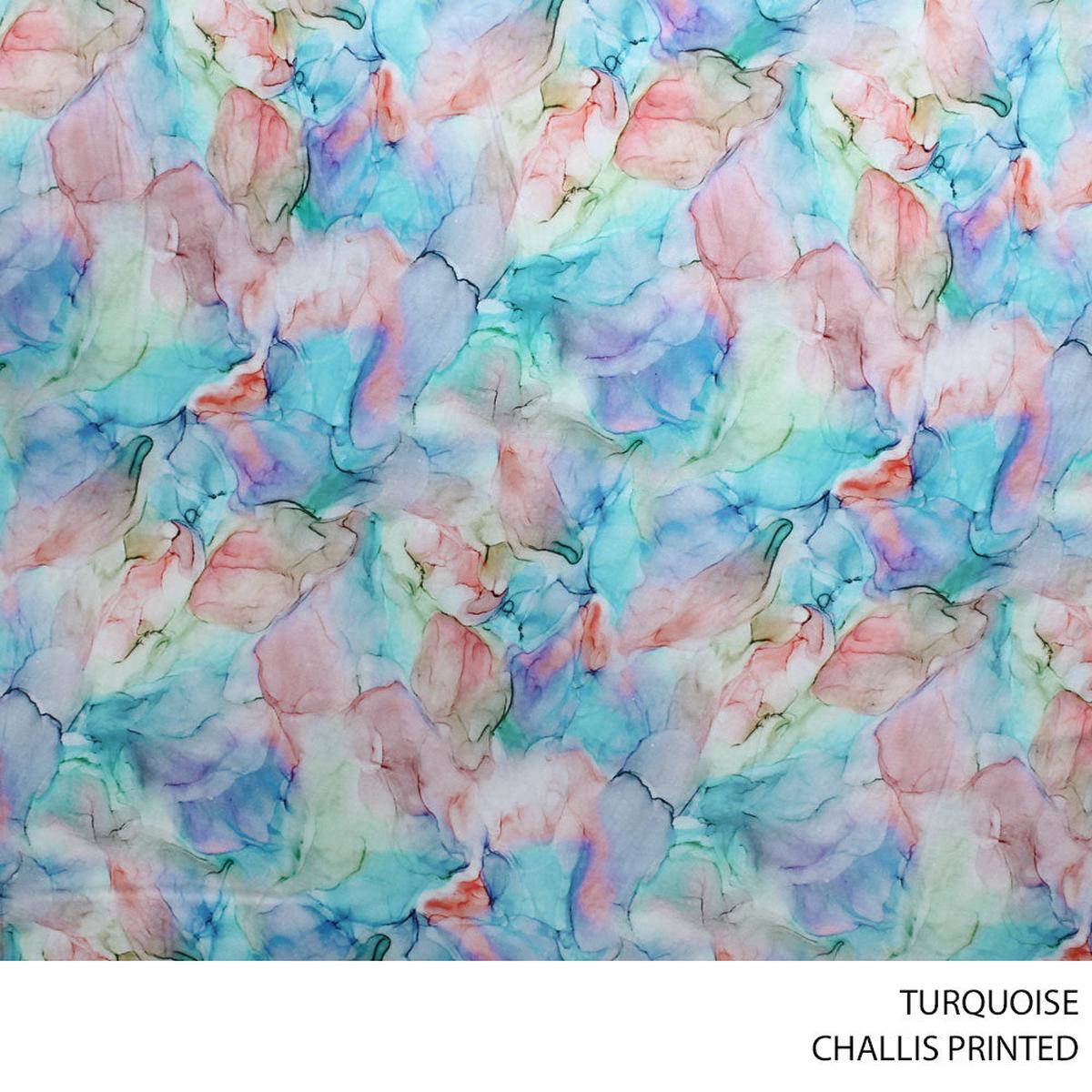 CHALLIS PRINTED FABRIC 140CM TURQUOISE ROLL ROLL 001