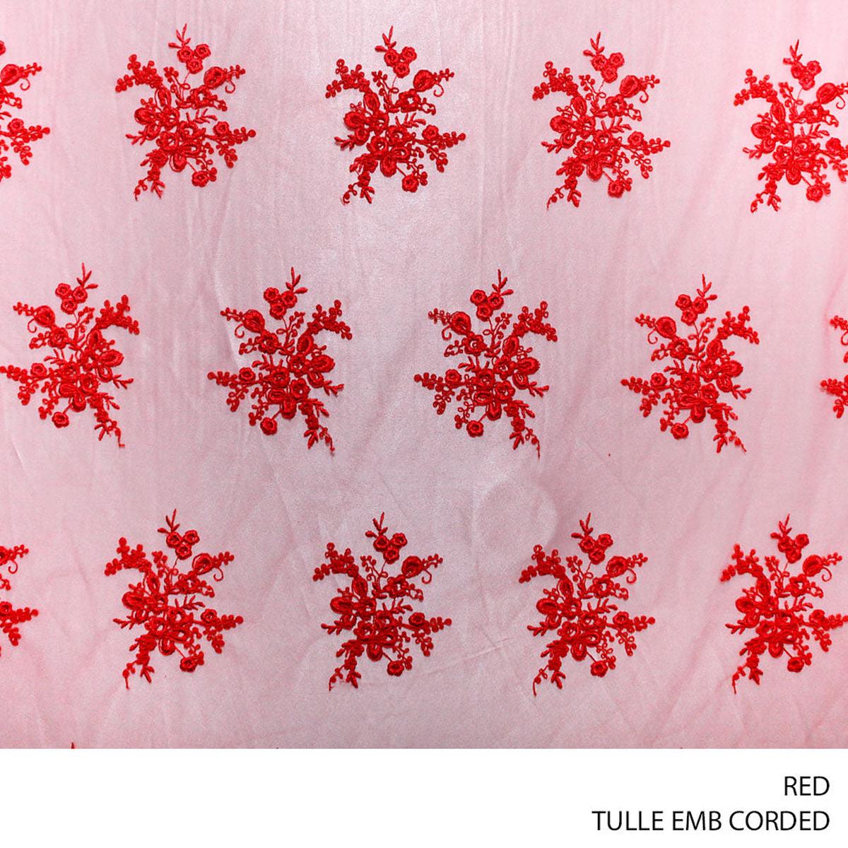 TULLE EMB CORDED FABRIC 150CM RED ROLL ROLL 001