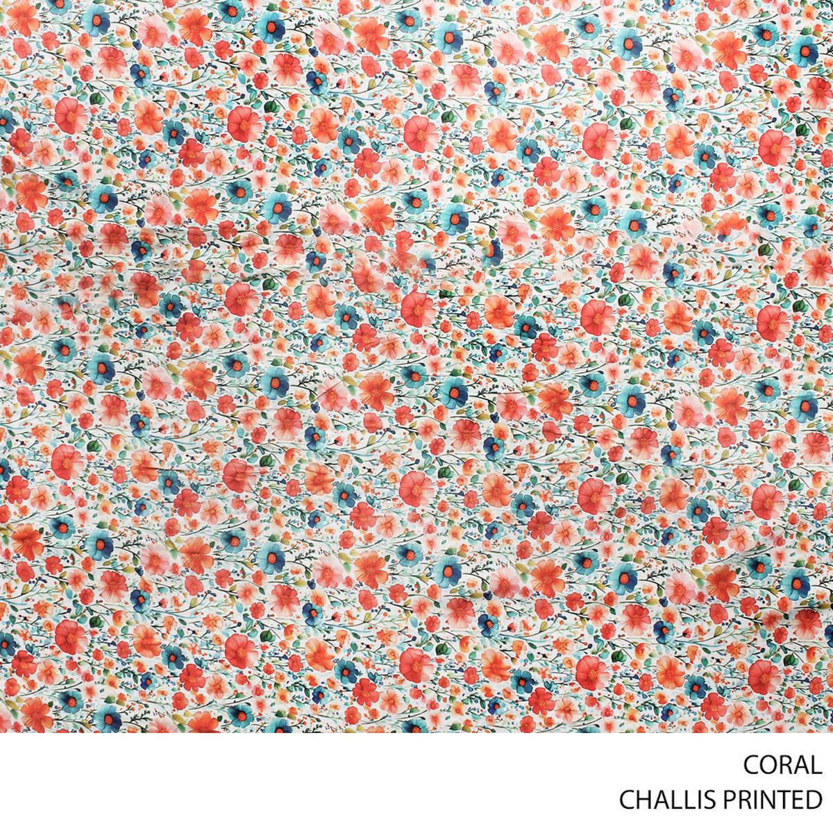 CHALLIS PRINTED FABRIC 140CM CORAL ROLL ROLL 001