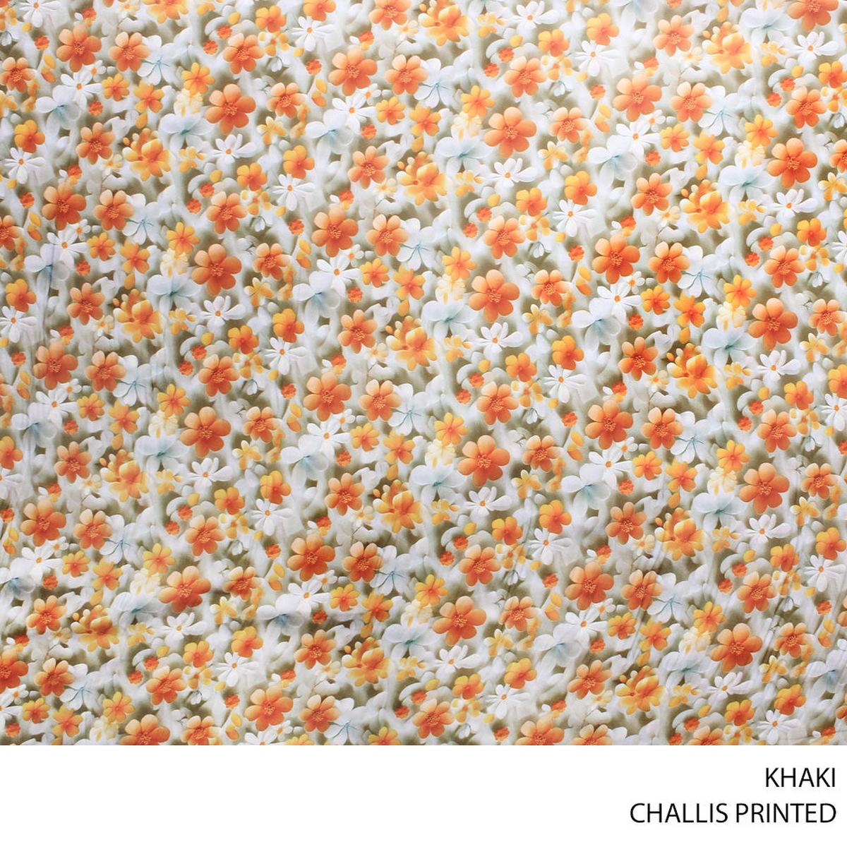 CHALLIS PRINTED FABRIC 140CM KHAKI ROLL ROLL 001