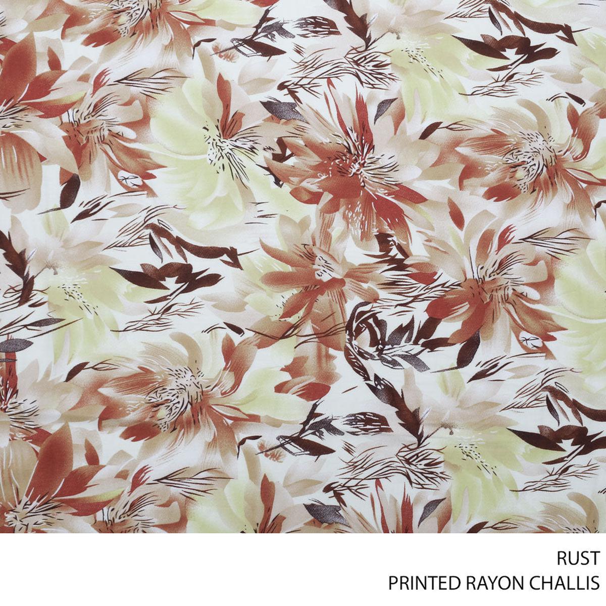 RAYON CHALLIS PRINTED FABRIC 150CM RUST ROLL ROLL 001