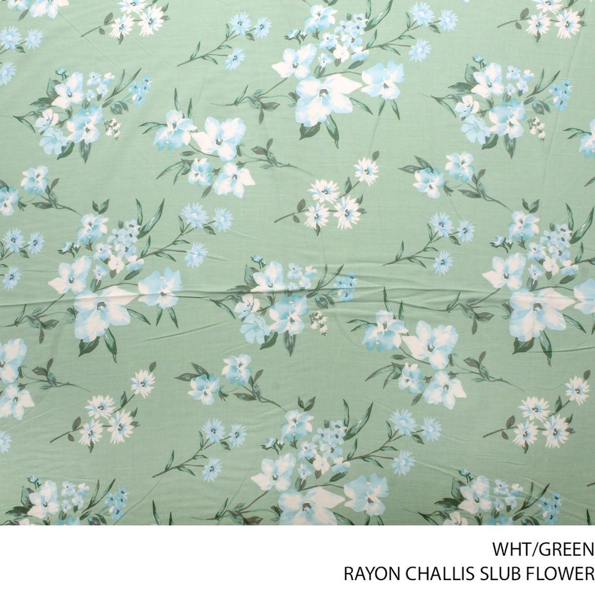 RAYON CHALLIS SLUB FLOWER 140CM WHT/GREEN ROLL ROLL 001
