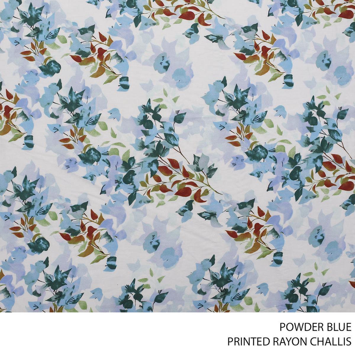 RAYON CHALLIS PRINTED FABRIC 150CM POWDER BLUE ROLL ROLL 001