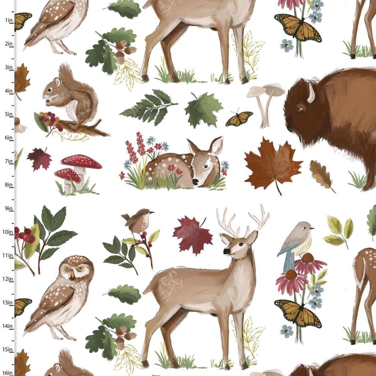 Autumn Meadow Landscape White Cotton Fabric - 1 yard