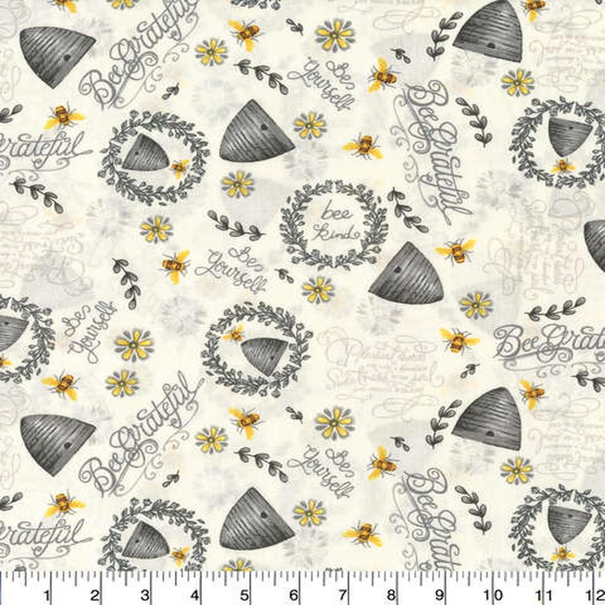 Bee Hives And Sunflowers White Cotton Fabric - 1 yard