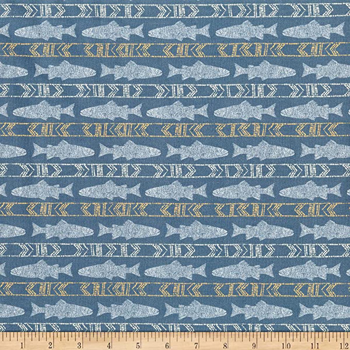 Digital Lake Escape Fish Stripe Dark Blue Cotton Fabric