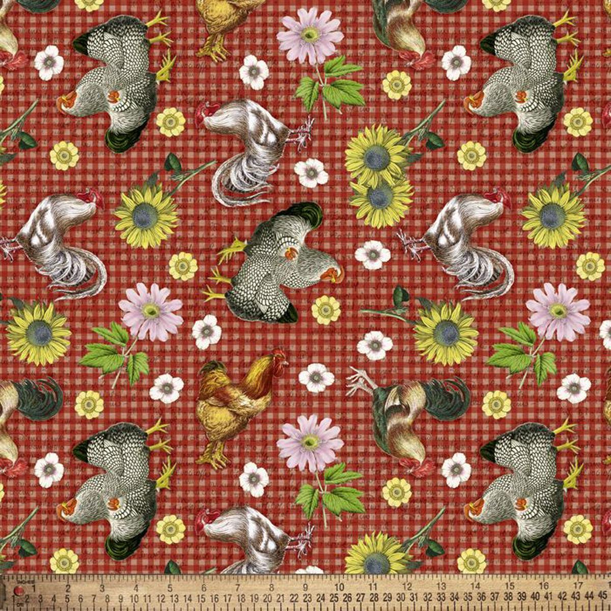 Farmhouse Gingham Chickens Roosters Cotton Fabric