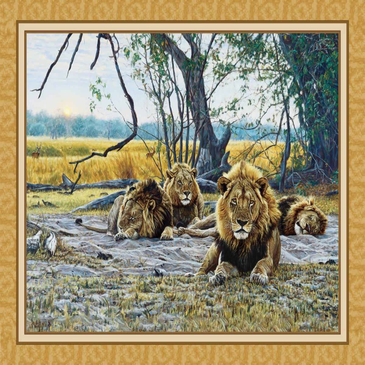 Still Kings Lions Panel Cotton Fabric