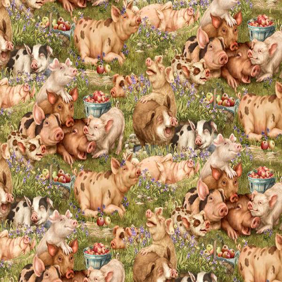 Think Happy Pigs Green Cotton Fabric - 1 yard
