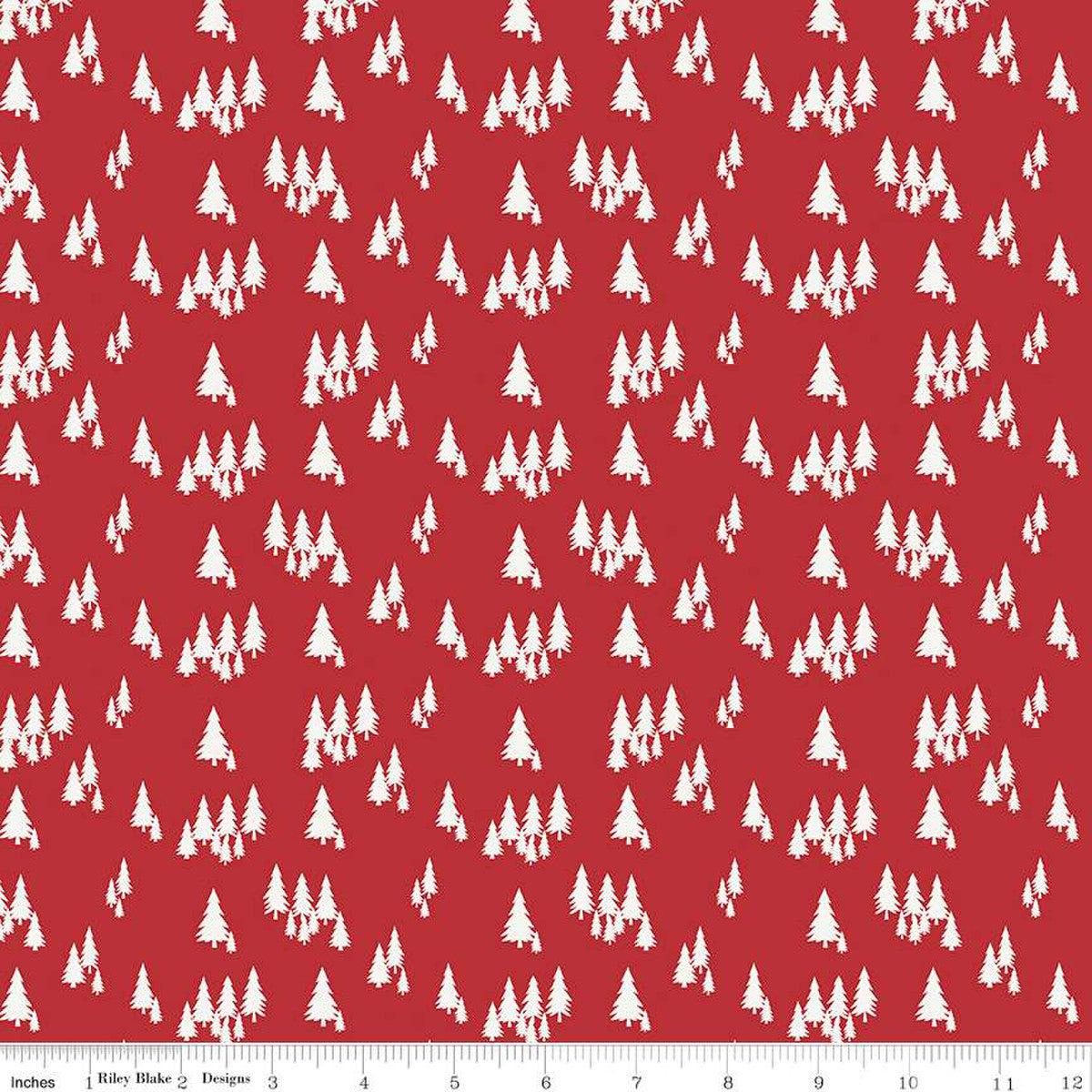 Woodsman Trees Red Cotton Fabric