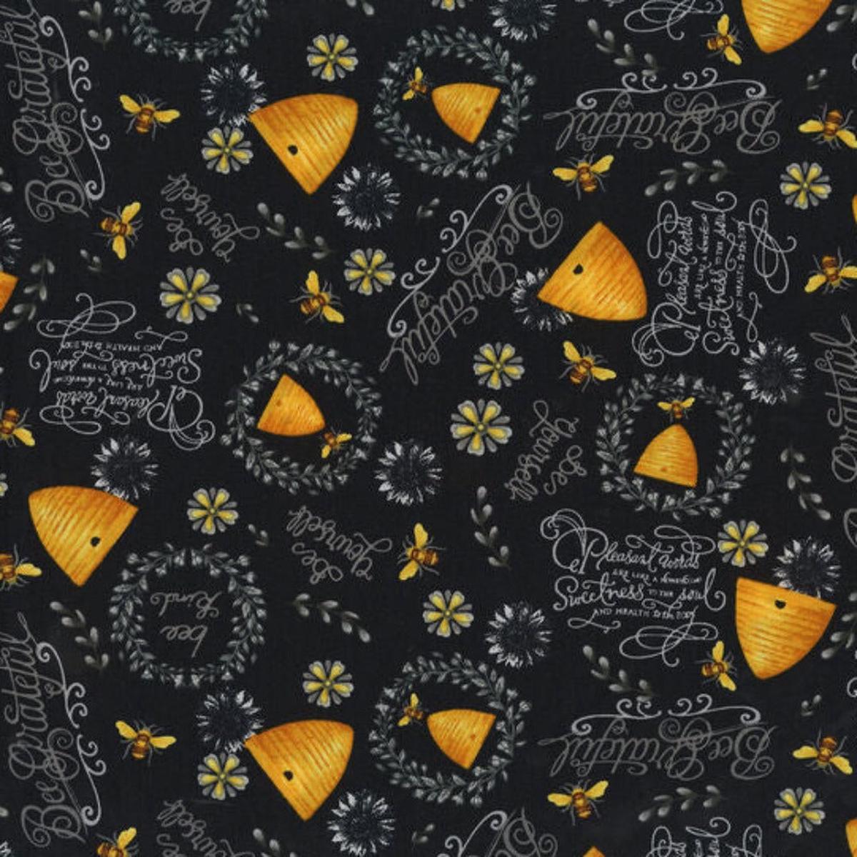 Bee Hives And Phrases On Black Cotton Fabric - 1 yard