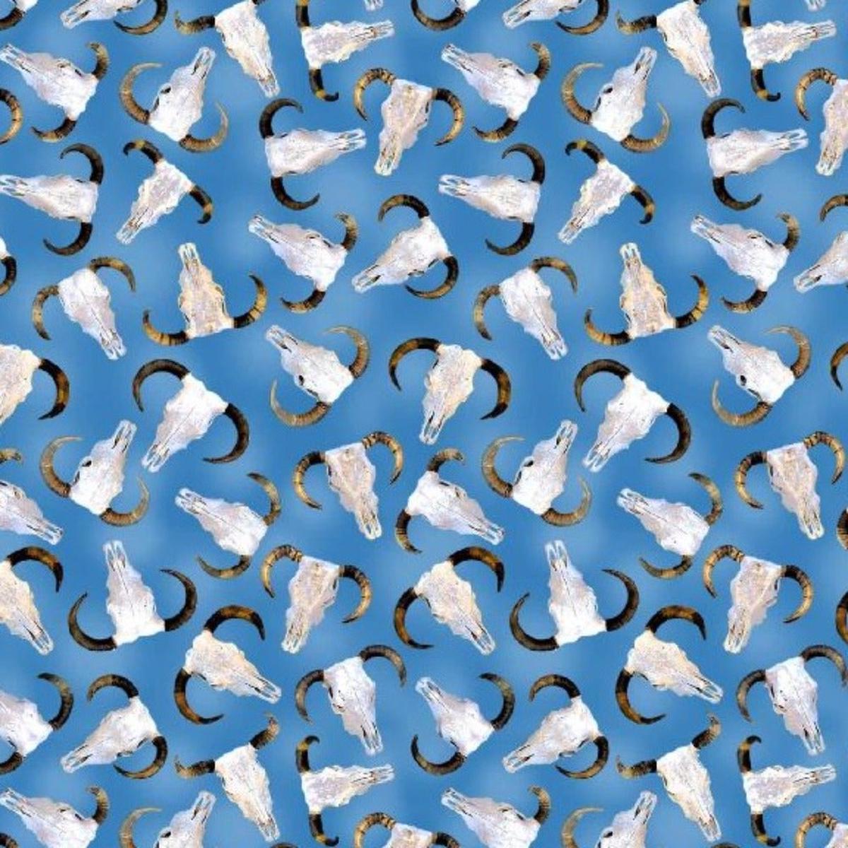 Big Sky Country Bull Skulls Blue Cotton Fabric - 1 Yard