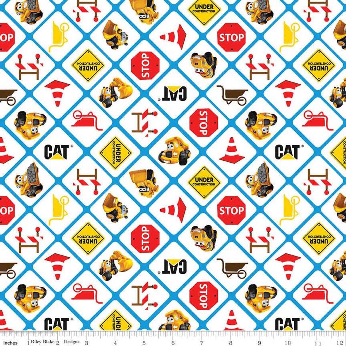 CAT Buildin' Crew Signs White Cotton Fabric - 1 yard