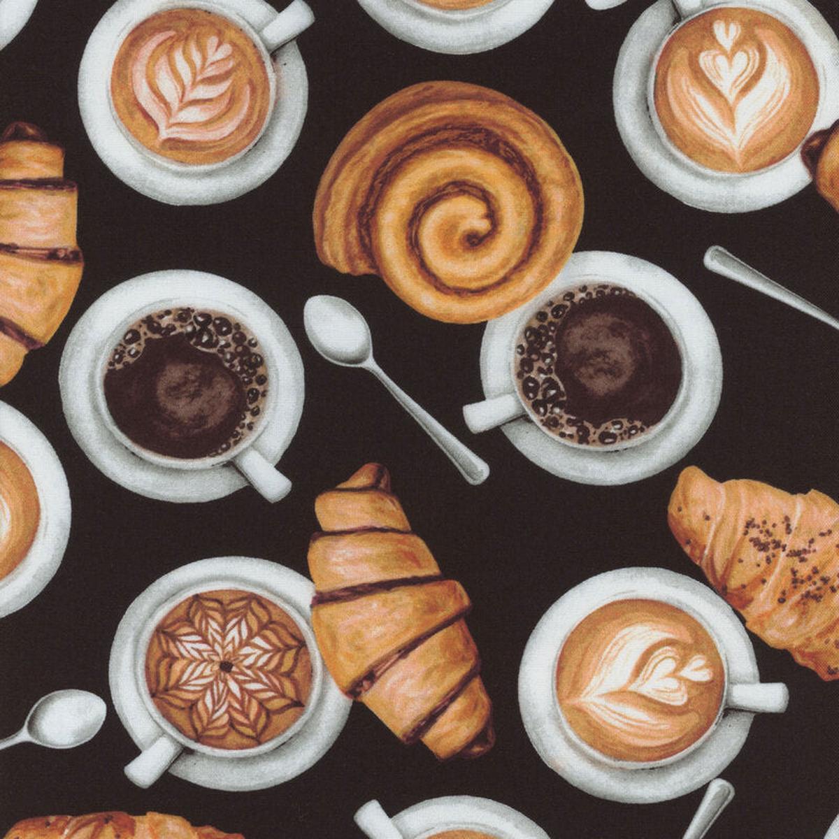 For Love Of Coffee and Pastries Black Cotton Fabric - 1 yard
