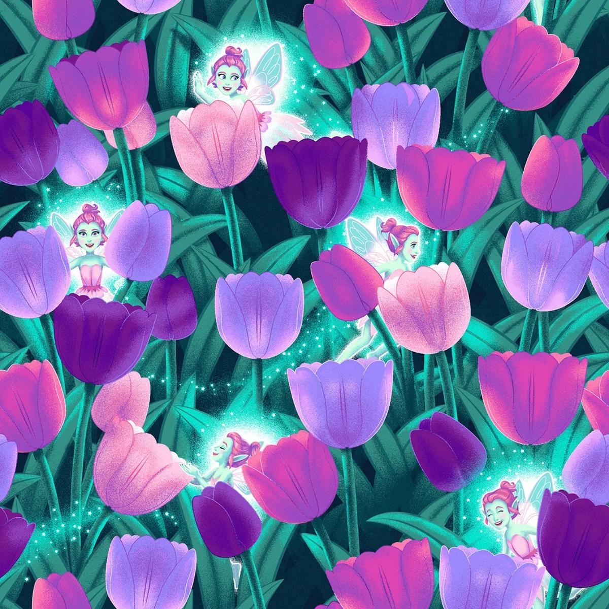 Glow in The Dark Pixies & Petals Pixies & Tulips Green/Purple Cotton Fabric