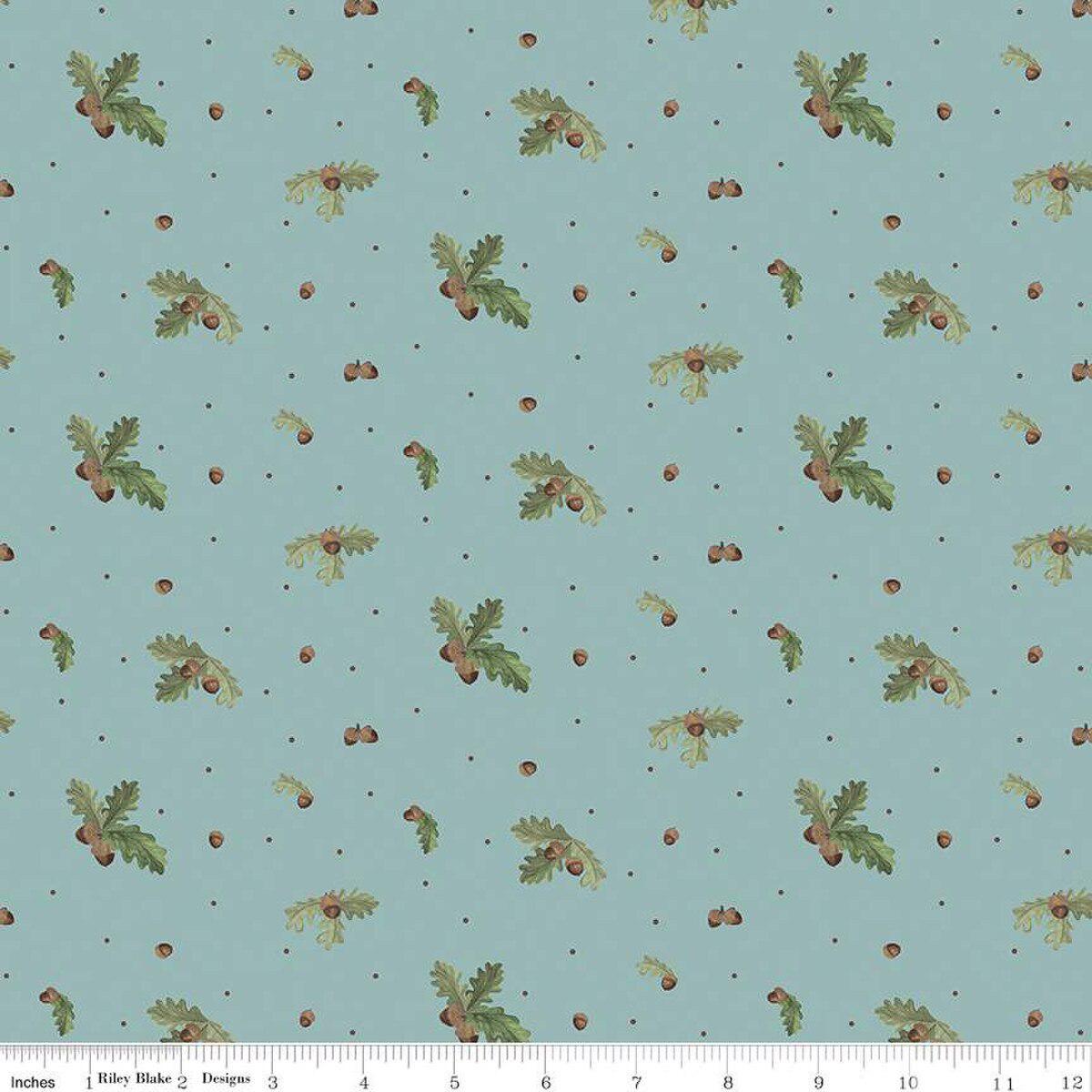 Let's Get Lost in the Woods Acorns and Leaves Vintage Blue Cotton Fabric - 1 Yard