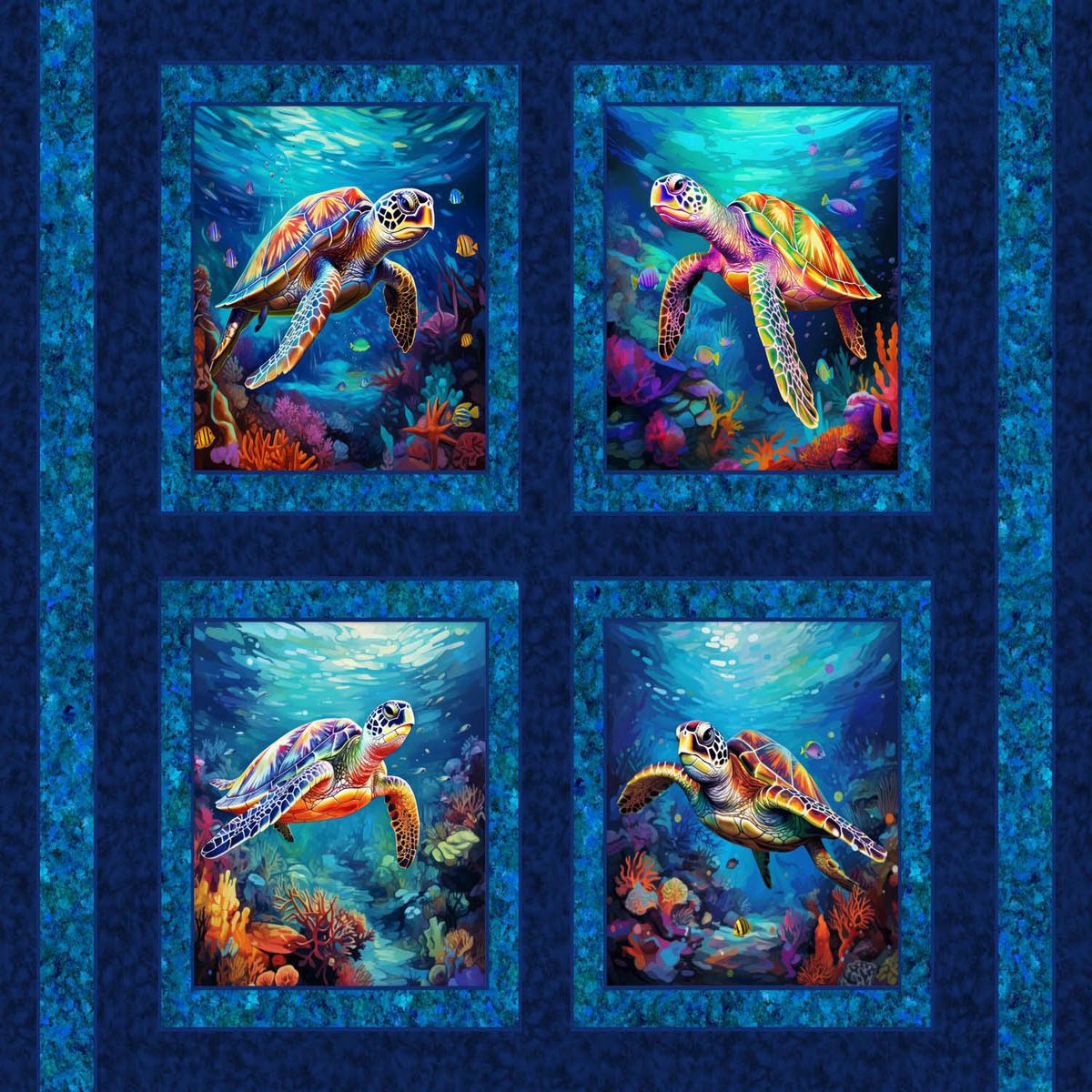 Paddling Sea Turtles Pillow Panel Cotton Fabric - 1 yard