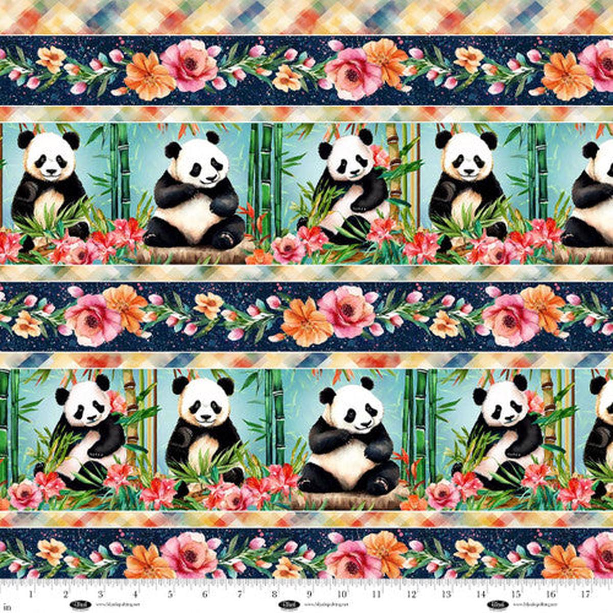 Panda Paradise Digital Border Stripe Sage Cotton Fabric - 1 yard