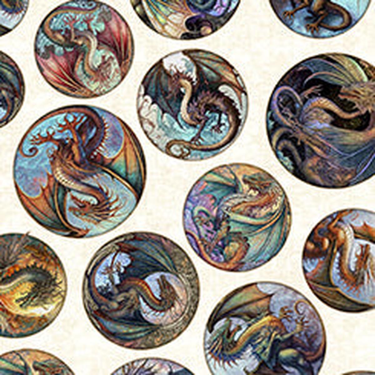 Dragon Fyre Dragon Round Picture Patches Cotton Fabric - 1 Yard