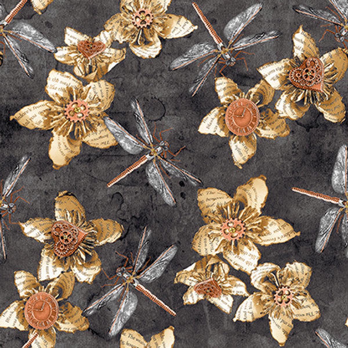 Full Steam Ahead Digital Flowers with Dragonflies Cotton Fabric - 1 yard